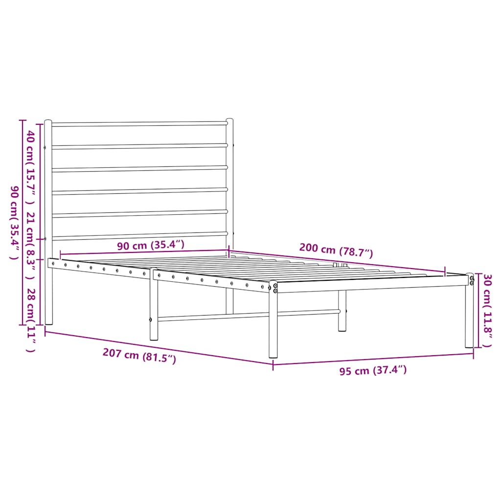 Sengeramme i metall med hodegavl hvit 90x200 cm vidaXL