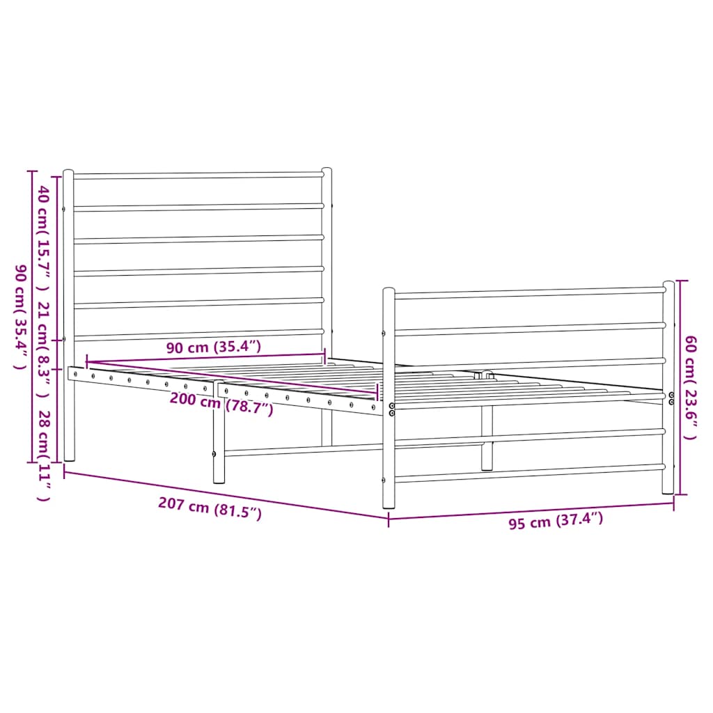 Sengeramme i metall med hode- og fotgavl hvit 90x200 cm