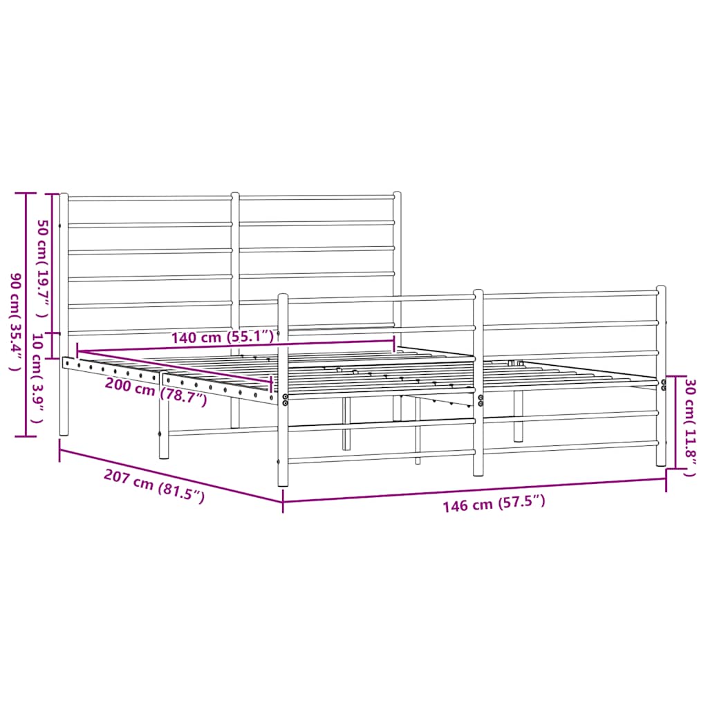 Sengeramme i metall med hode- og fotgavl hvit 140x200 cm vidaXL