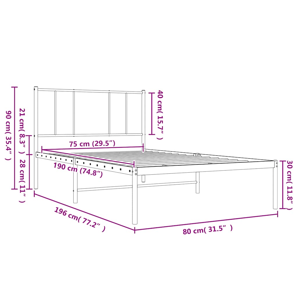 Sengeramme i metall med hodegavl svart 75x190 cm