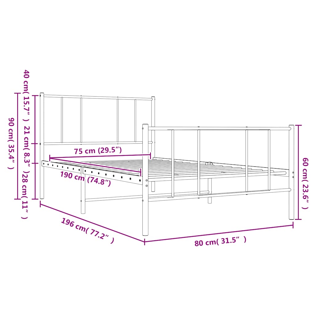 Sengeramme i metall med hode- og fotgavl svart 75x190 cm