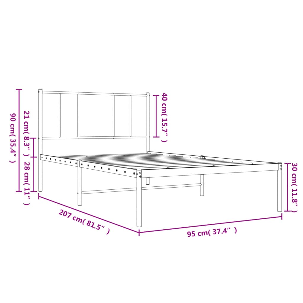 Sengeramme i metall med hodegavl hvit 90x200 cm vidaXL