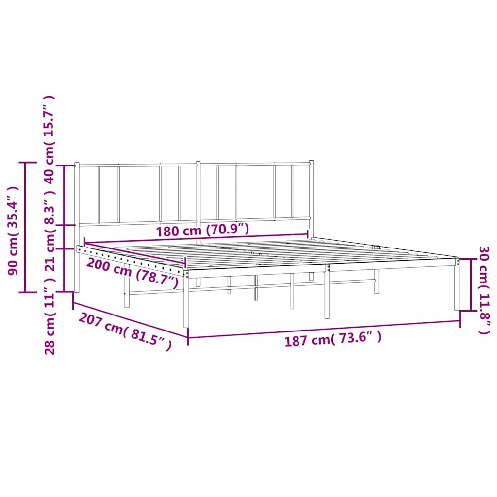 Sengeramme i metall med sengegavl hvit 180x200 cm vidaXL