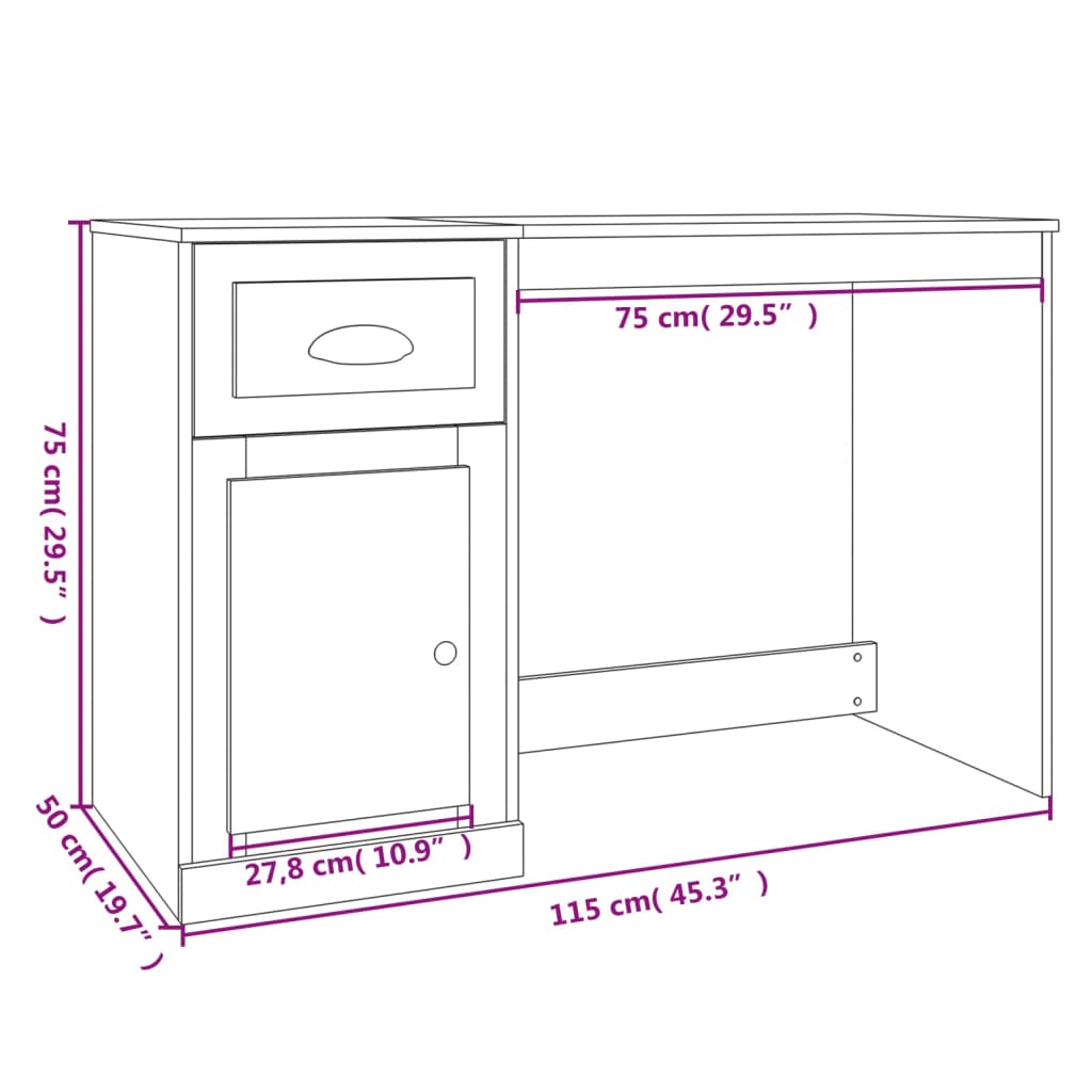 Skrivebord med skuff sonoma eik 115x50x75 cm konstruert tre