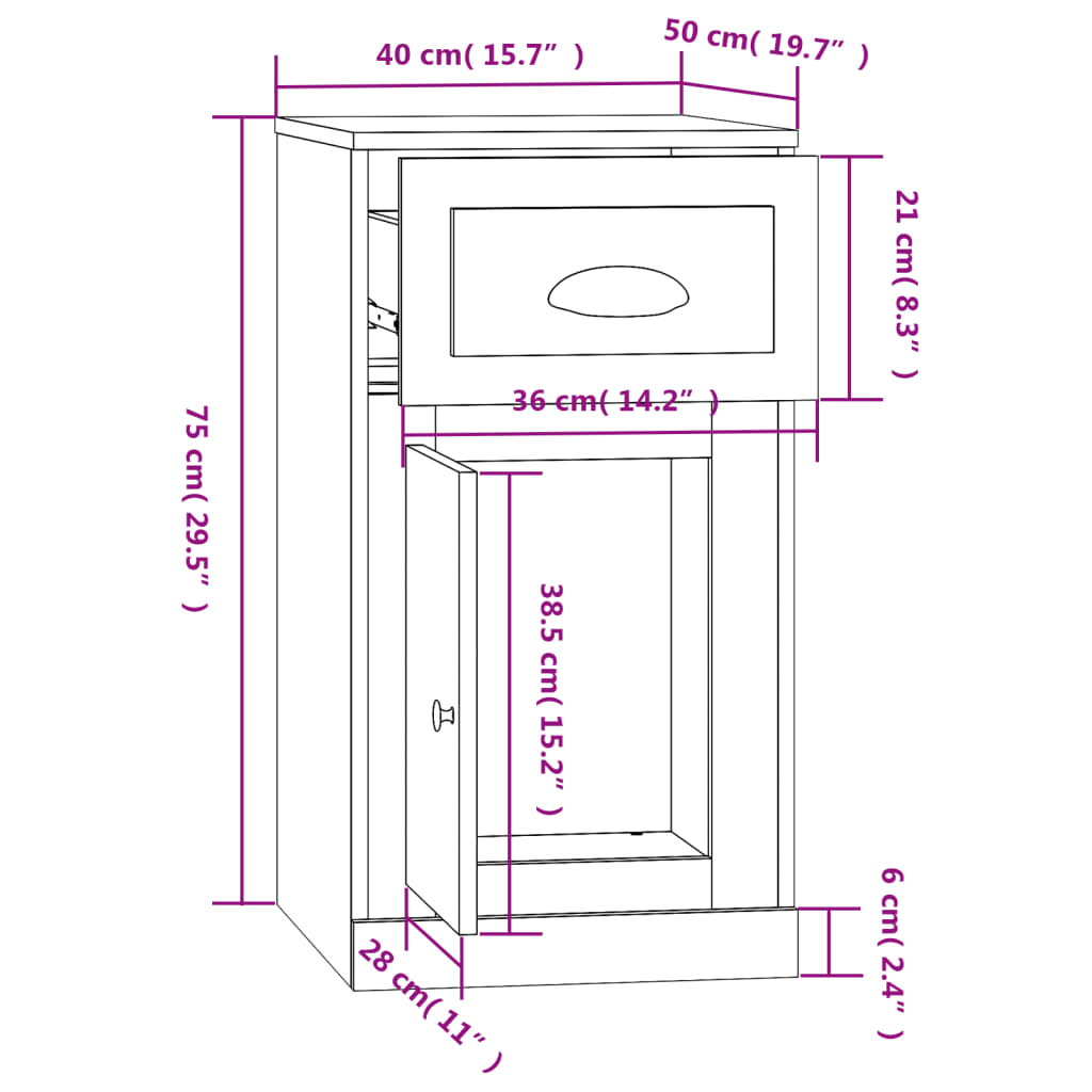 Sideskap med skuff hvit 40x50x75 cm konstruert tre