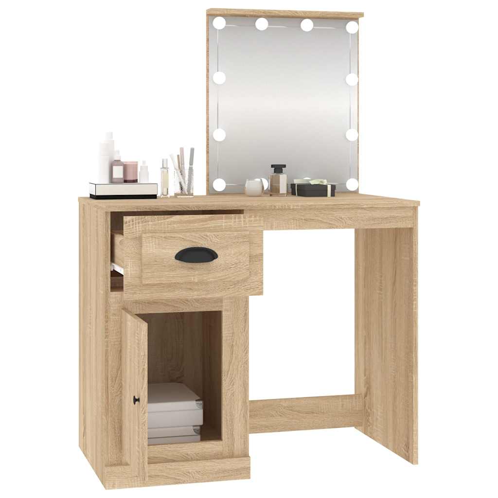 Sminkebord med LED sonoma eik 90x50x132,5 cm konstruert tre