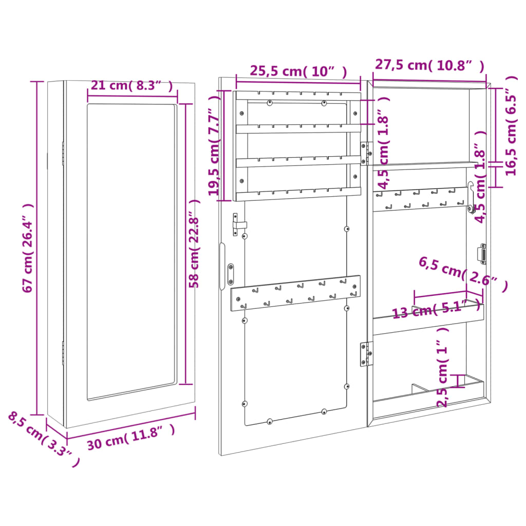 Vegghengt smykkeskap med speil svart 30x8,5x67 cm