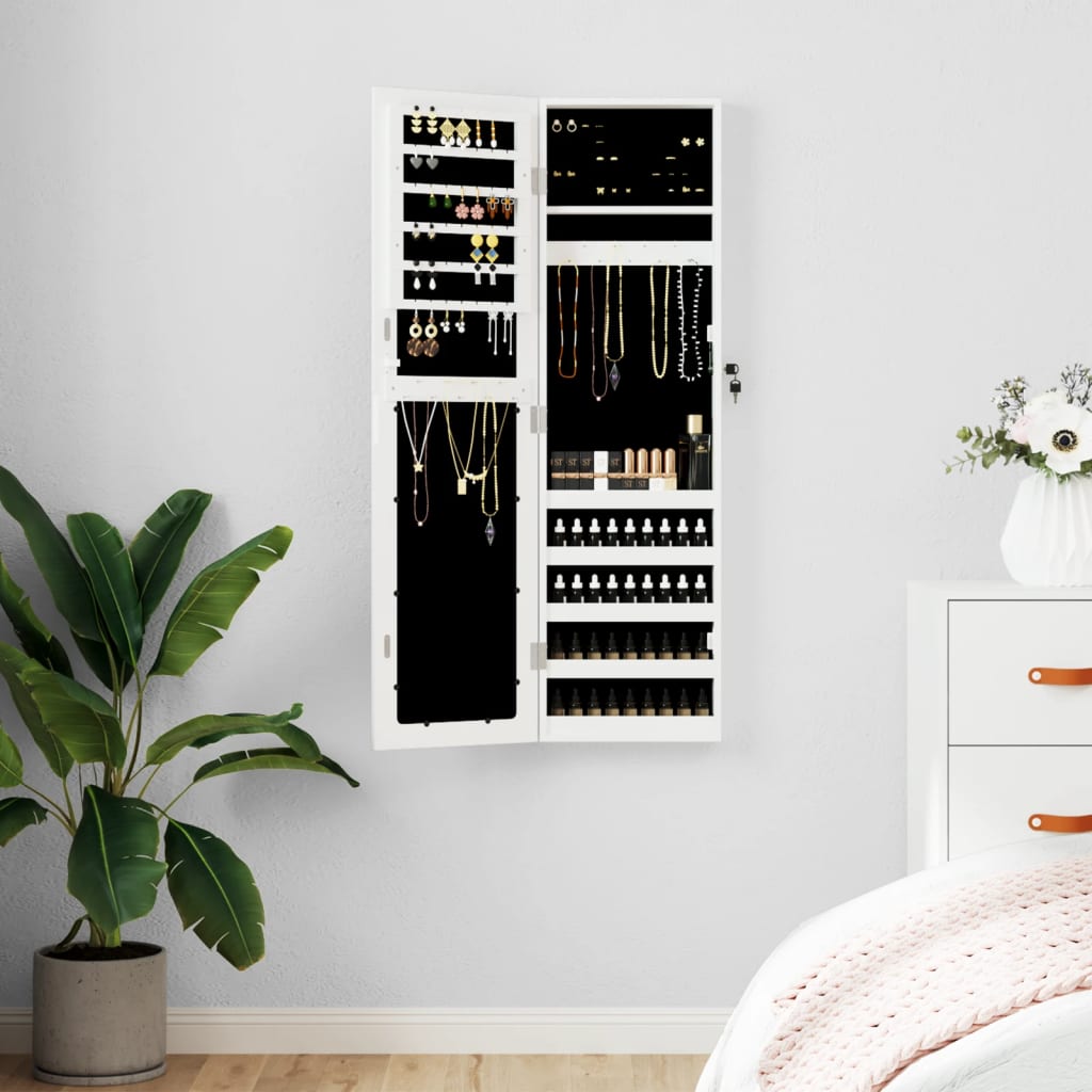 Vegghengt smykkeskap med speil hvit 30x8,5x106 cm