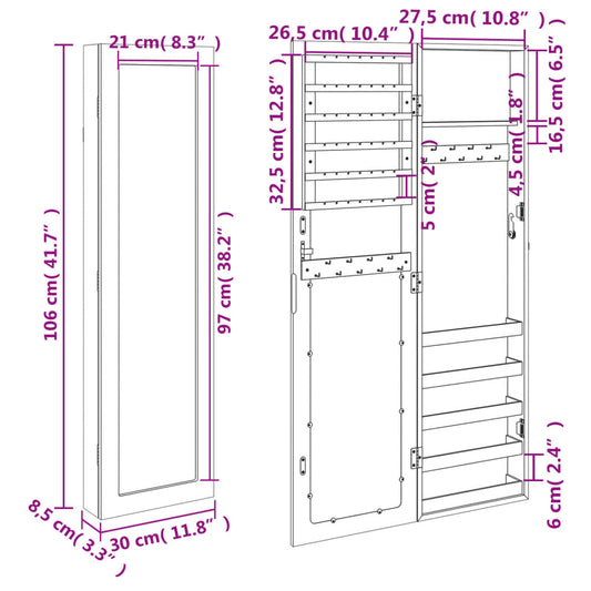 Vegghengt smykkeskap med speil svart 30x8,5x106 cm