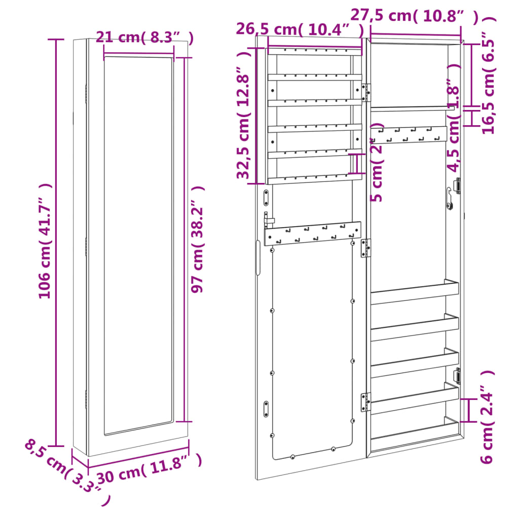 Vegghengt smykkeskap med speil 30x8,5x106 cm