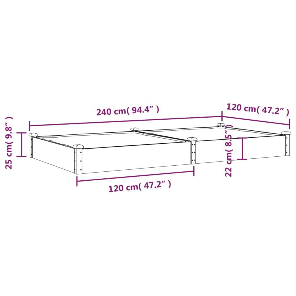 Høybed med foring grå 240x120x25 cm heltre gran vidaXL