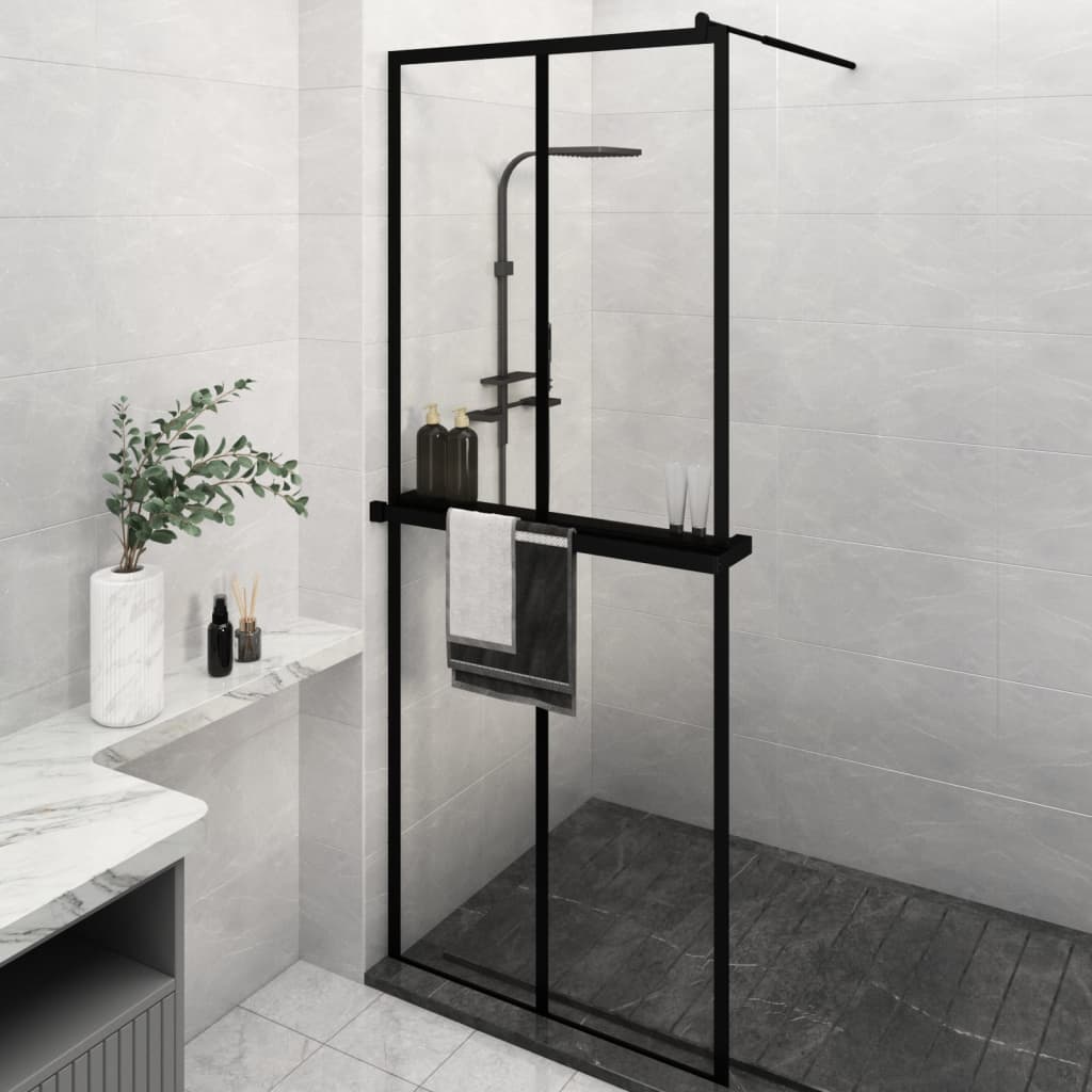 Dusjvegg med hylle svart 80x195 cm ESG-glass og aluminium vidaXL