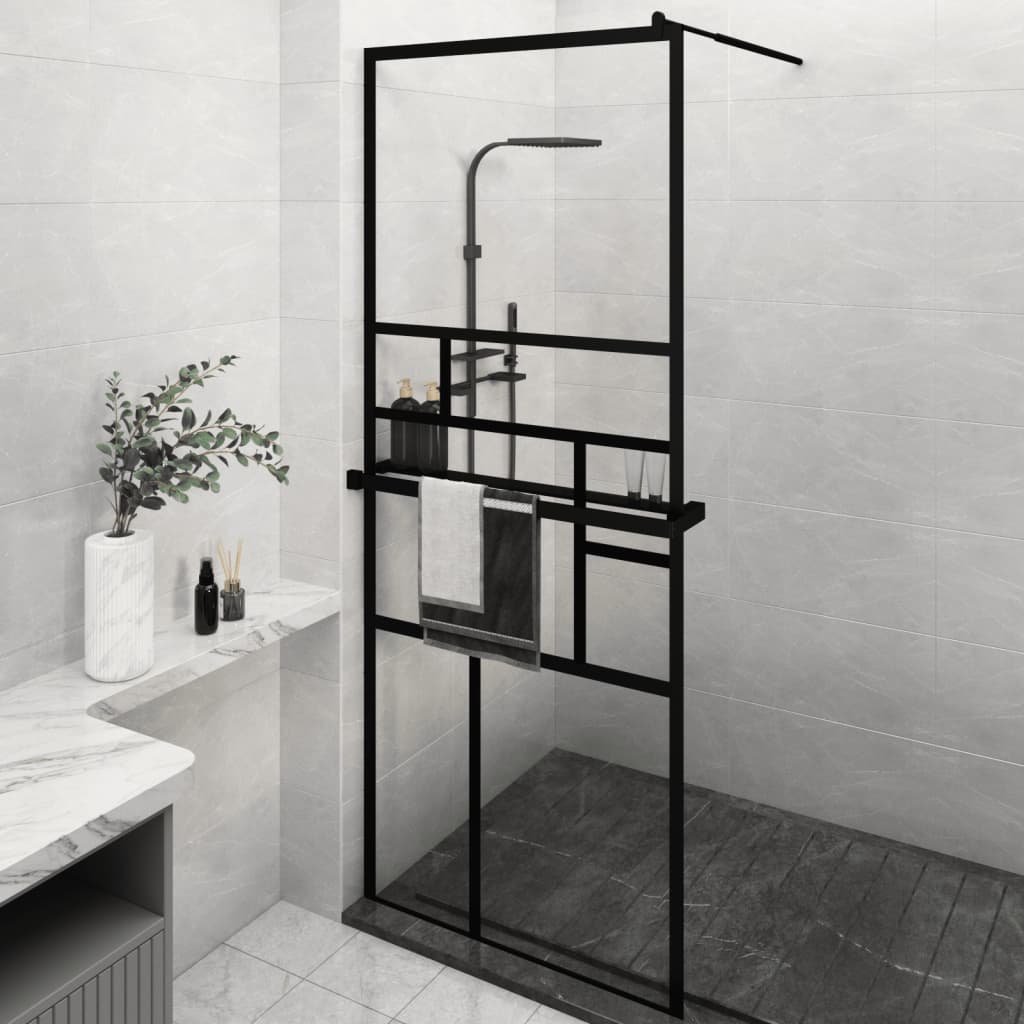 Dusjvegg med hylle svart 80x195 cm ESG-glass og aluminium vidaXL