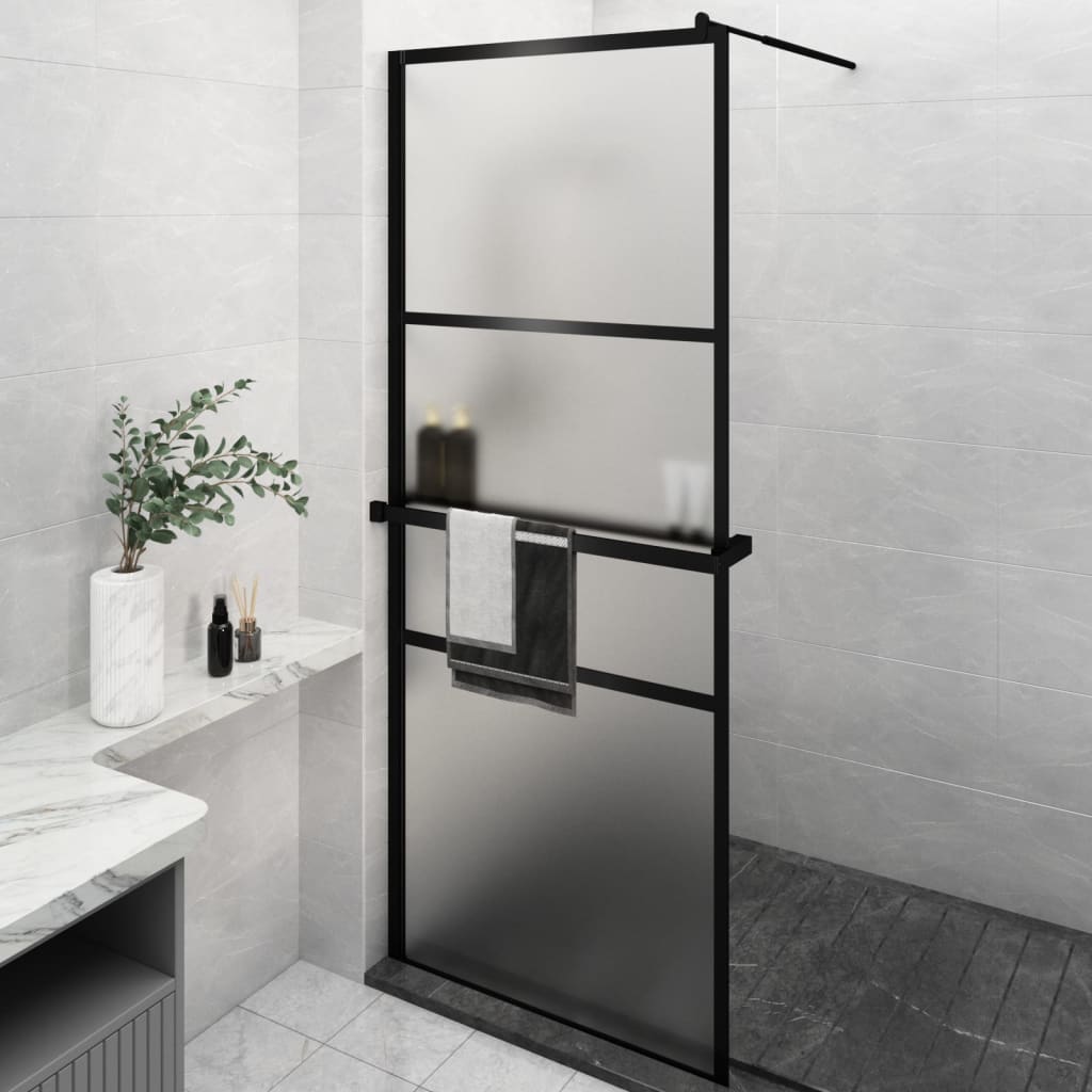 Dusjvegg med hylle svart 80x195 cm ESG-glass og aluminium