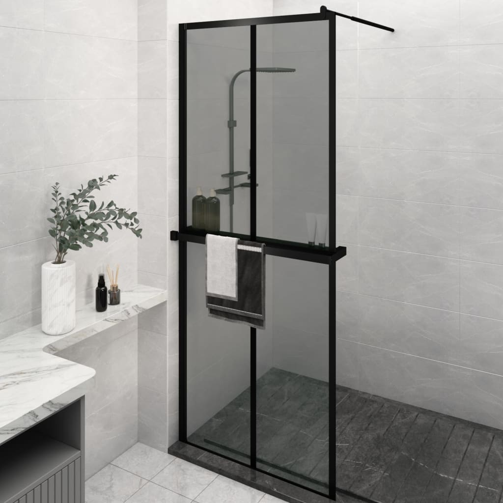Dusjvegg med hylle svart 80x195 cm ESG-glass og aluminium