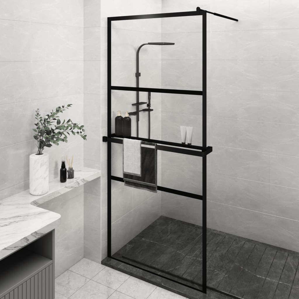 Dusjvegg med hylle svart 90x195 cm ESG-glass og aluminium vidaXL
