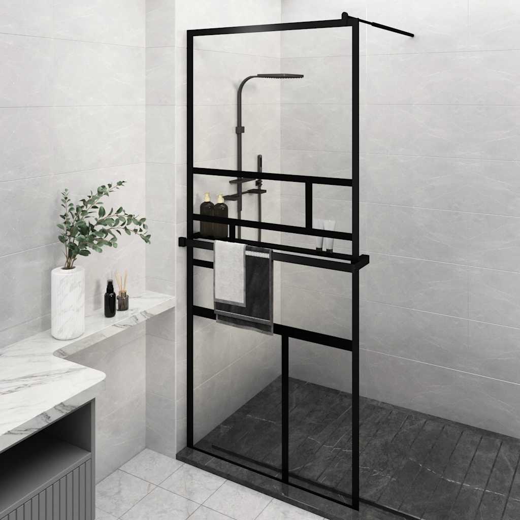 Dusjvegg med hylle svart 90x195 cm ESG-glass og aluminium vidaXL