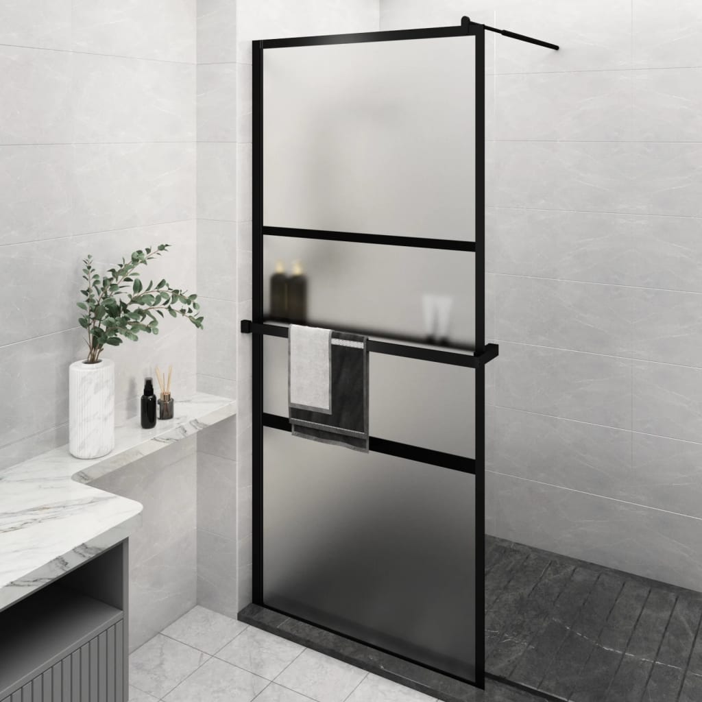 Dusjvegg med hylle svart 90x195 cm ESG-glass og aluminium vidaXL