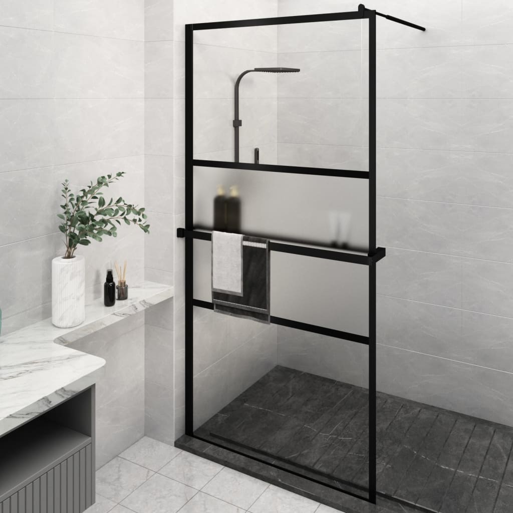 Dusjvegg med hylle svart 115x195 cm ESG-glass og aluminium vidaXL