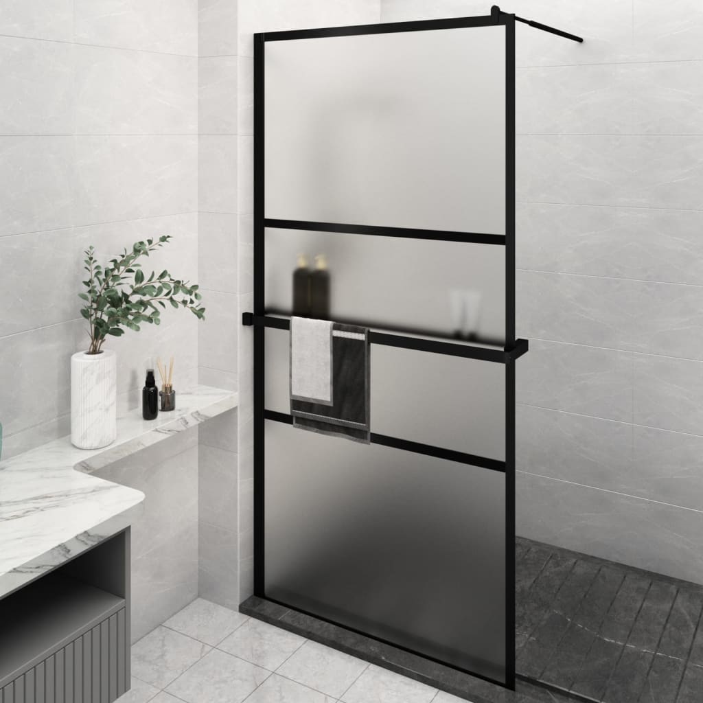 Dusjvegg med hylle svart 115x195 cm ESG-glass og aluminium vidaXL