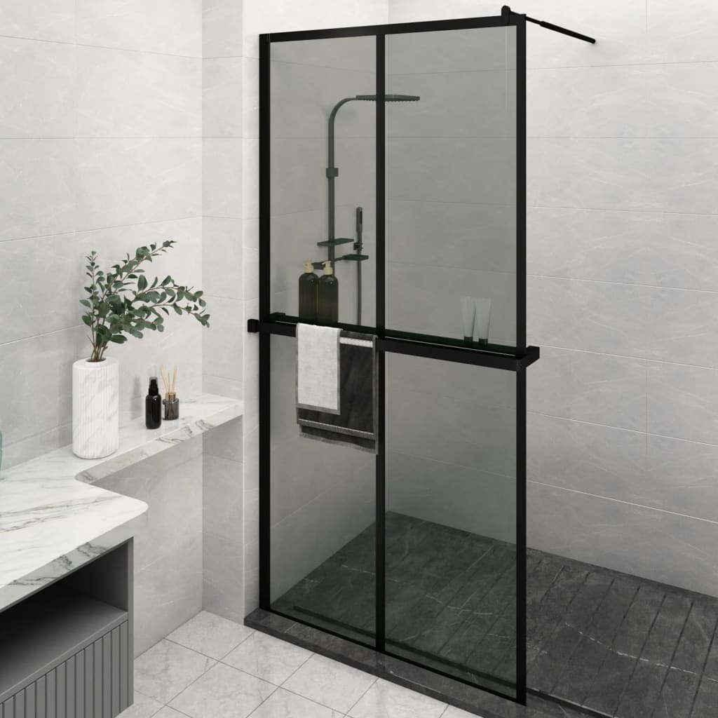 Dusjvegg med hylle svart 118x190 cm ESG-glass og aluminium vidaXL