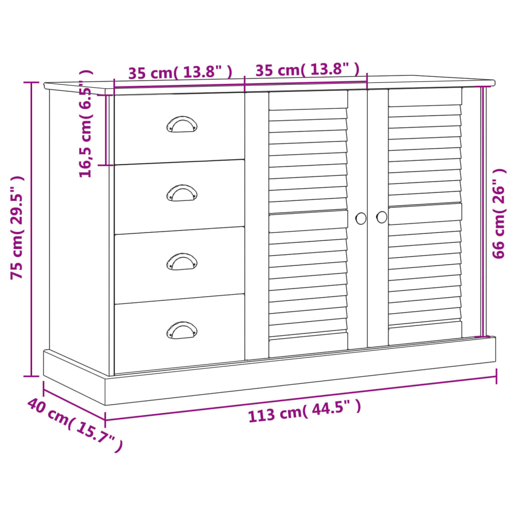 Skjenk med skuffer VIGO 113x40x75 cm heltre furu vidaXL