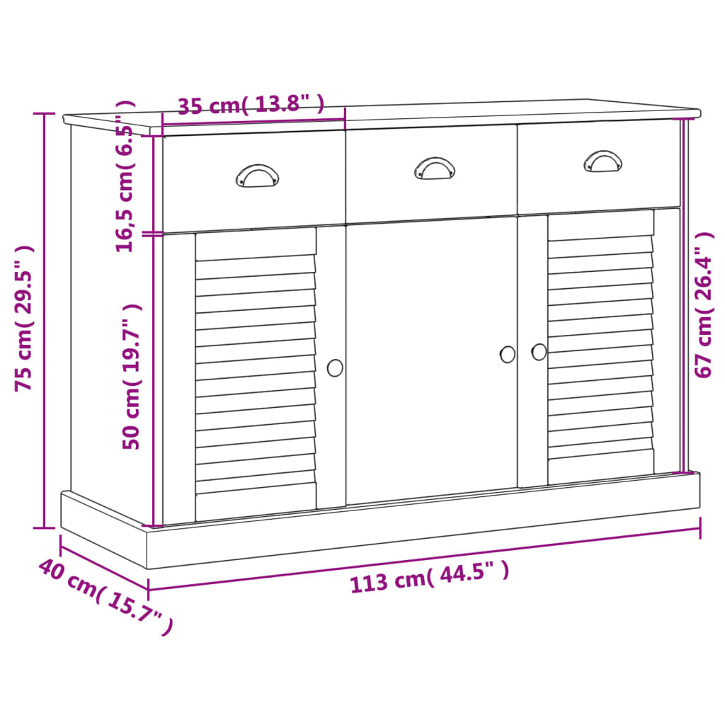 Skjenk med skuffer VIGO 113x40x75 cm heltre furu vidaXL