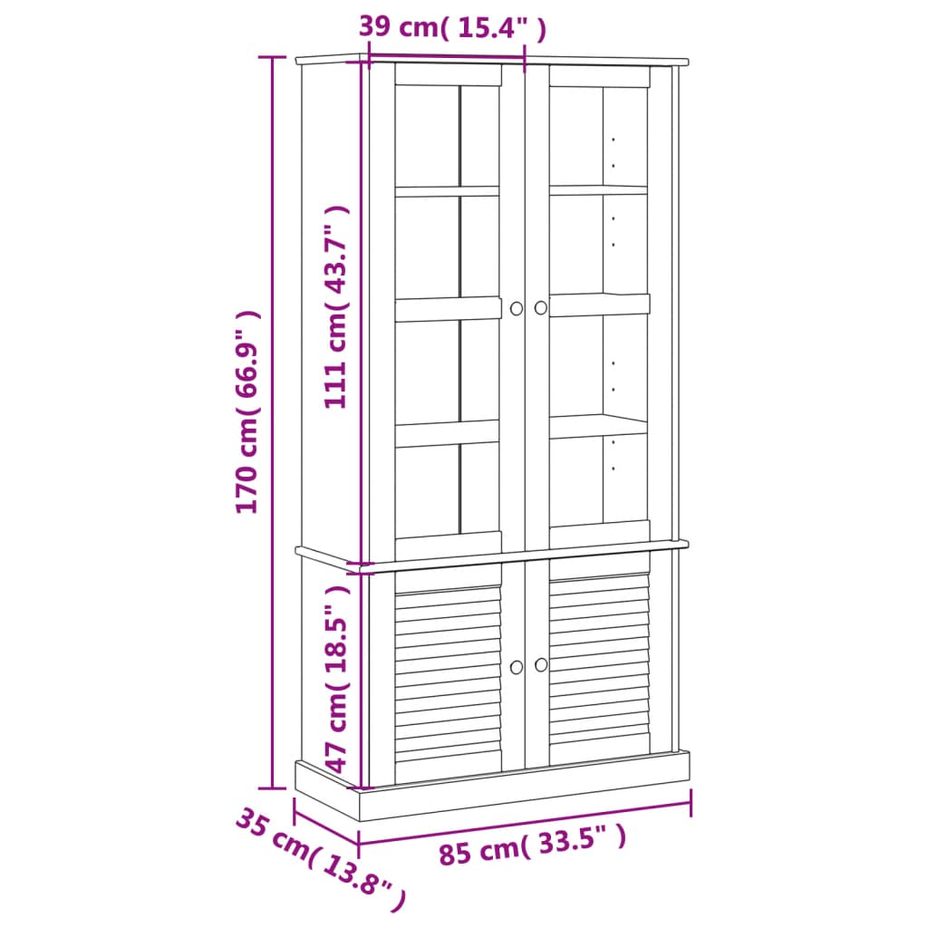 Vitrine VIGO grå 85x35x170 cm heltre furu