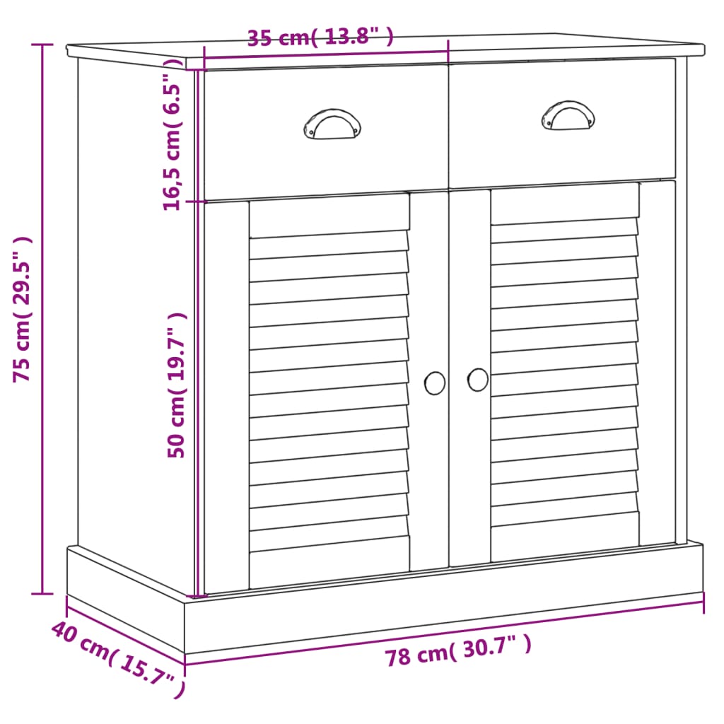 Skjenk med skuffer VIGO 78x40x75 cm hvit heltre furu vidaXL