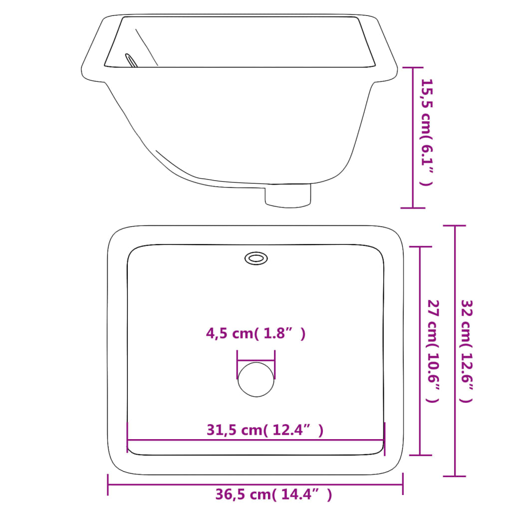 Baderomsvask hvit 36,5x32x15,5 cm rektangulær keramikk