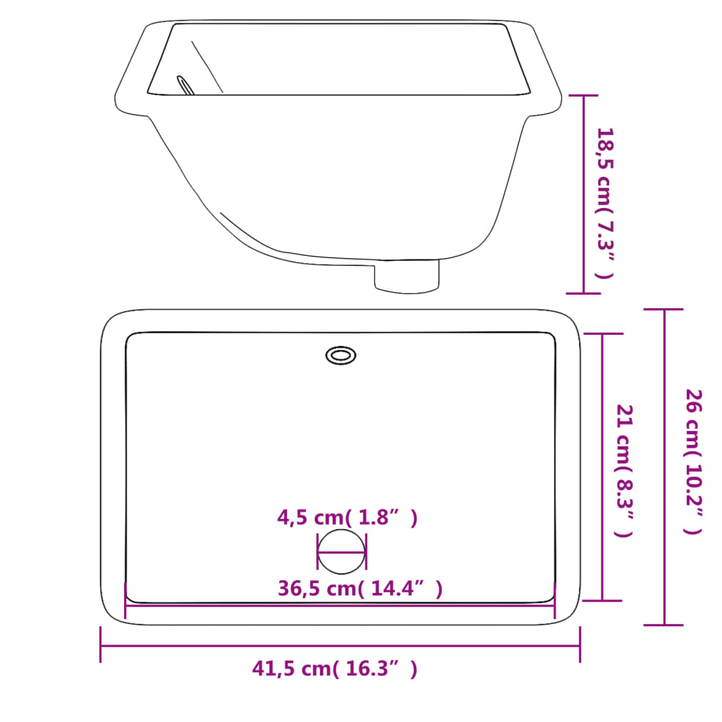 Baderomsvask hvit 41,5x26x18,5 cm rektangulær keramikk