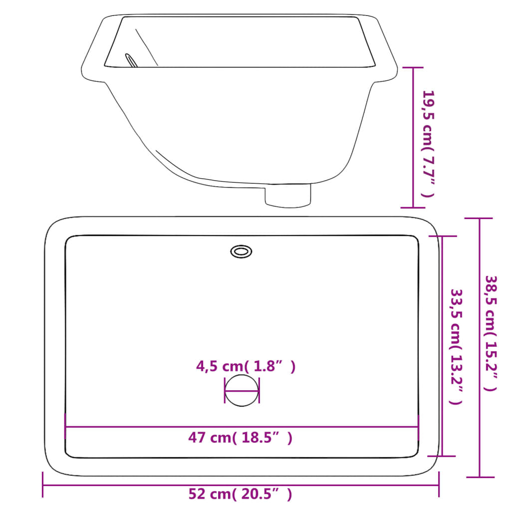 Baderomsvask hvit 52x38,5x19,5 cm rektangulær keramikk