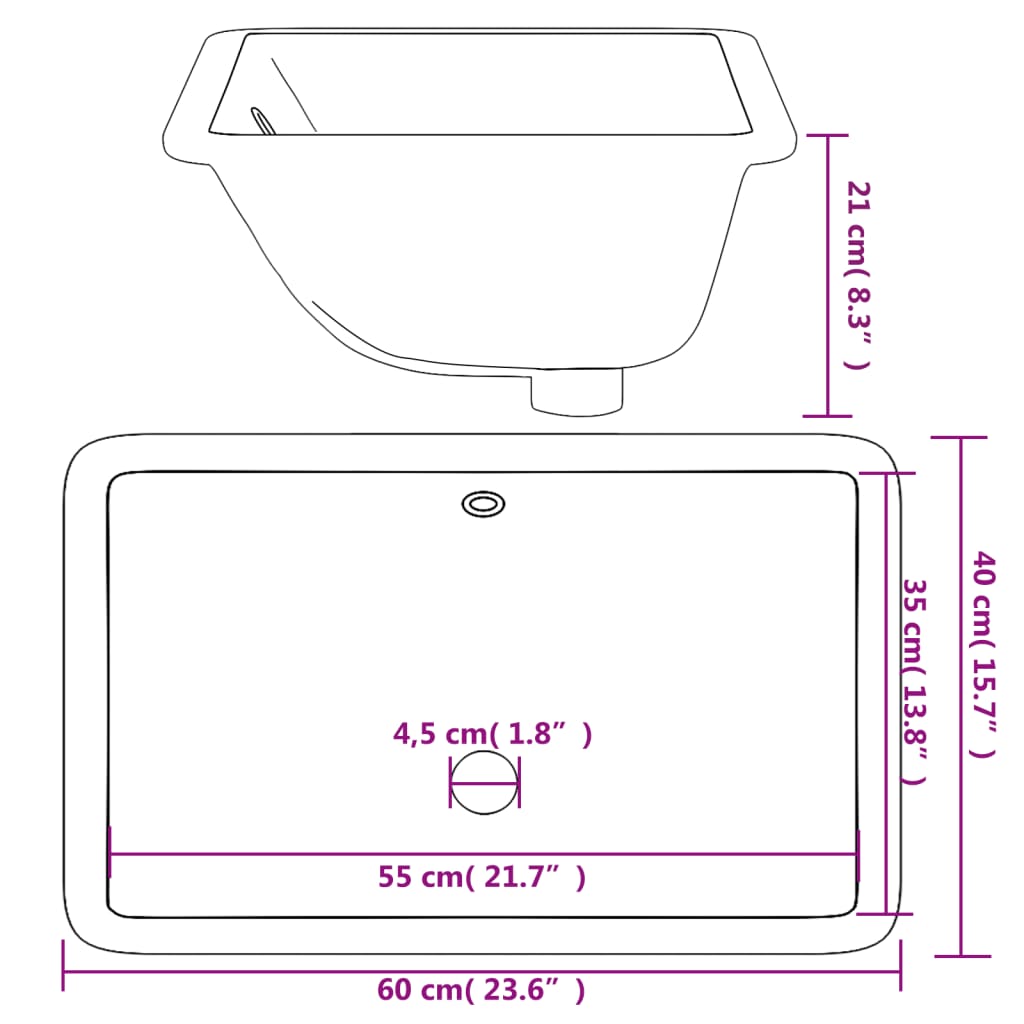 Baderomsvask hvit 60x40x21 cm rektangulær keramikk