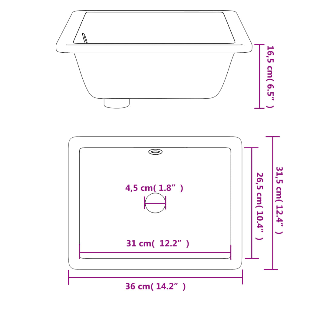 Baderomsvask hvit 36x31,5x16,5 cm rektangulær keramikk