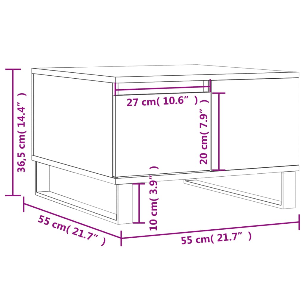 Salongbord hvit 55x55x36,5 cm konstruert tre