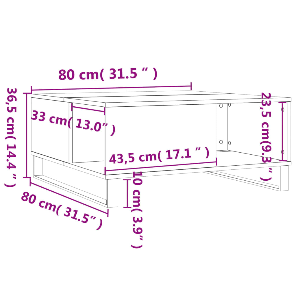 Salongbord sonoma eik 80x80x36,5 cm konstruert tre