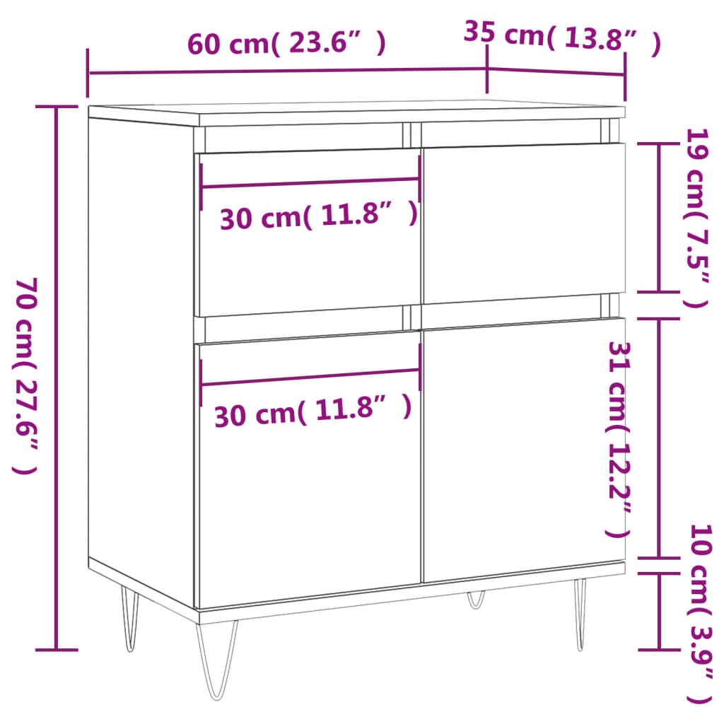 Skjenk hvit 60x35x70 cm konstruert tre