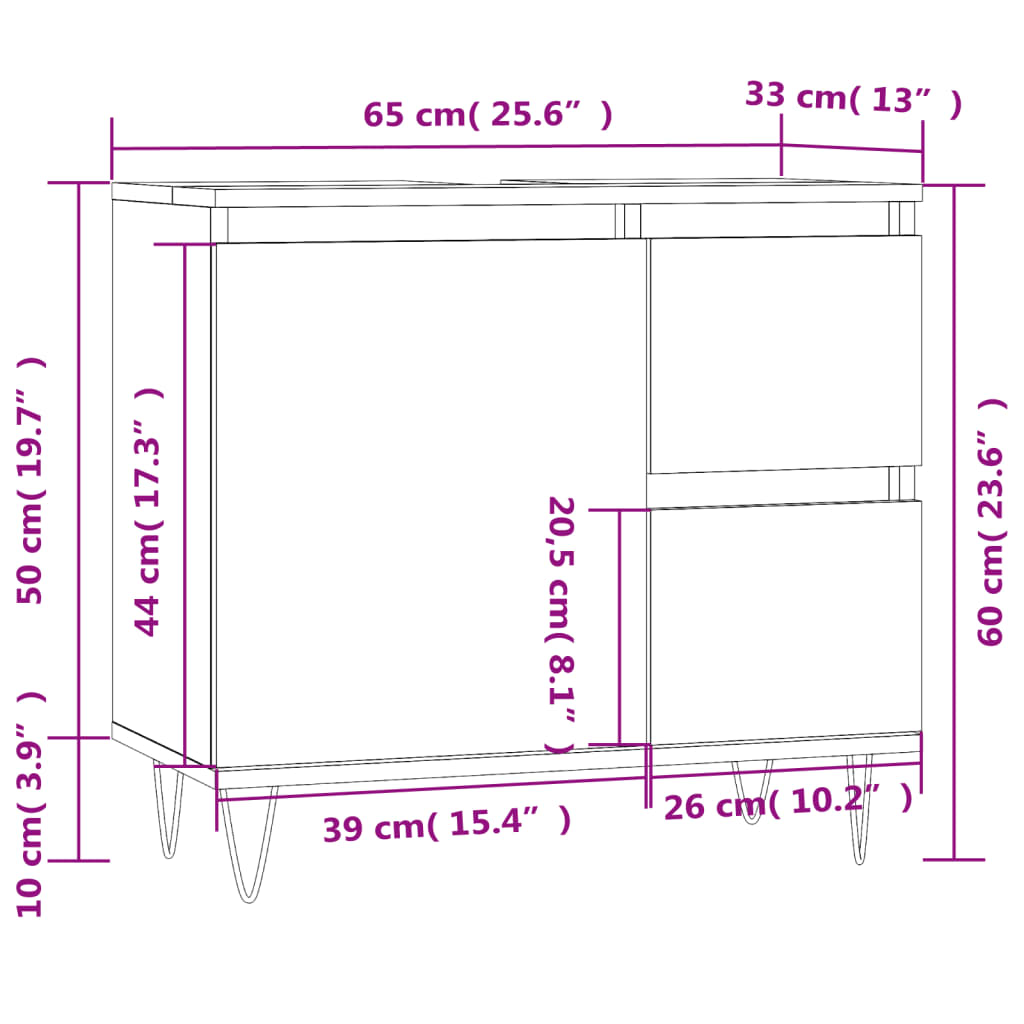 Baderomsskap høyglans hvit 65x33x60 cm konstruert tre