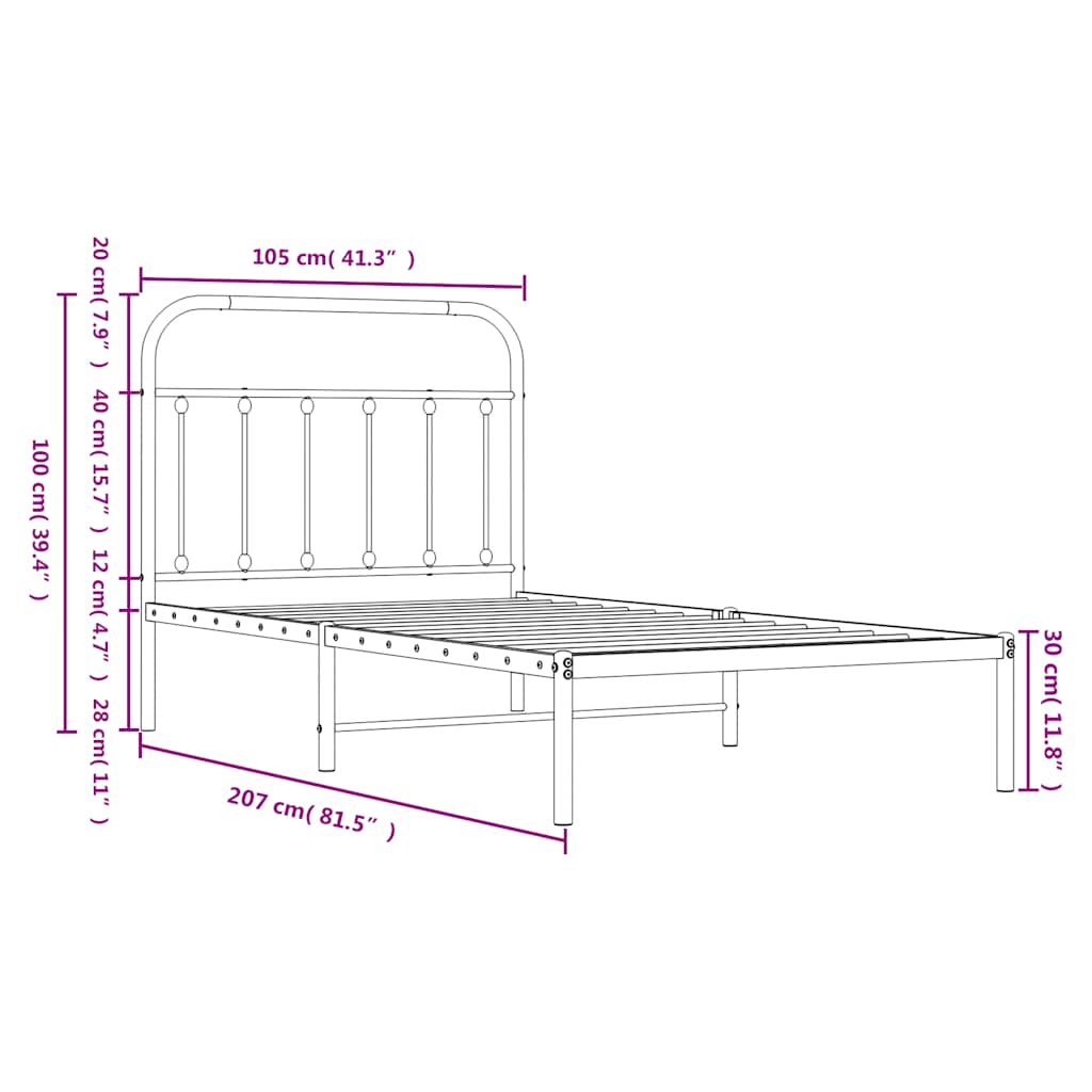 Sengeramme i metall med hodegavl hvit 100x200 cm