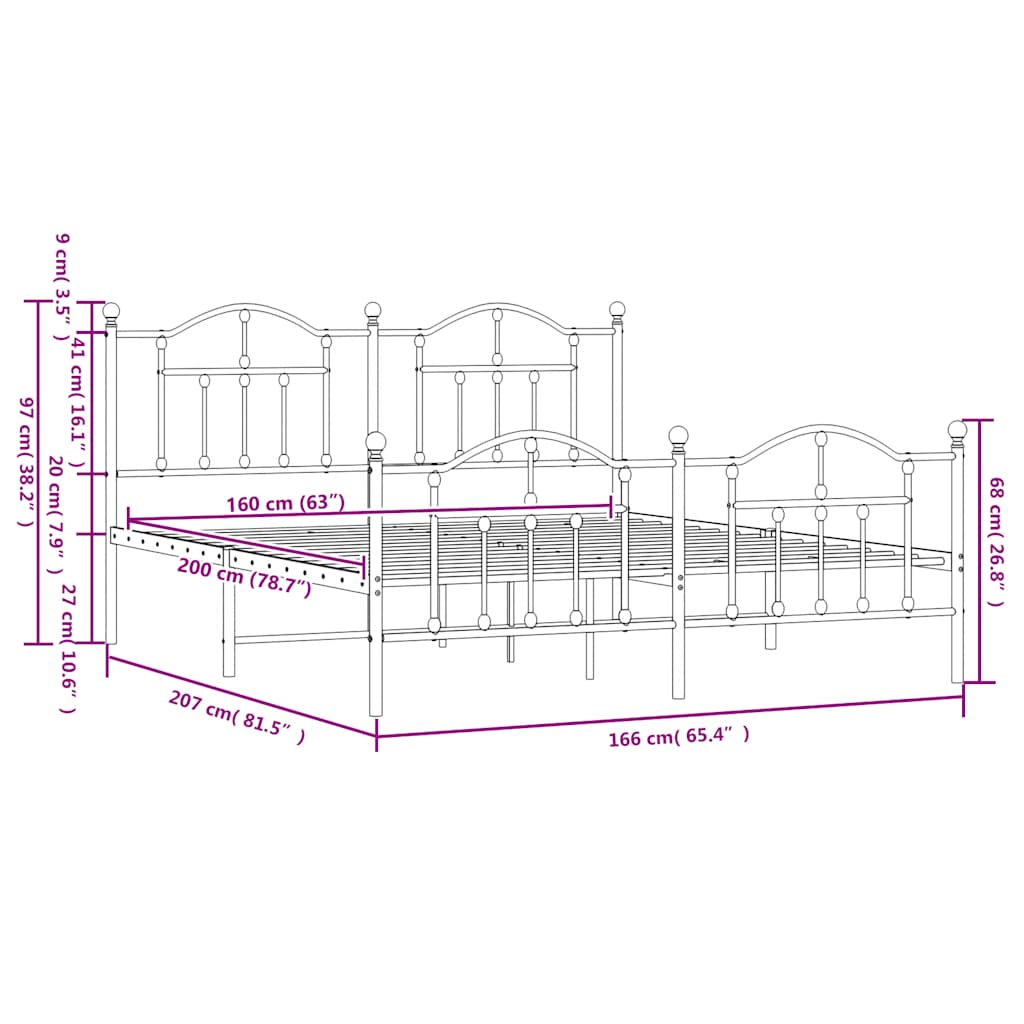 Sengeramme i metall uten madrass med fotgavl svart 160x200 cm