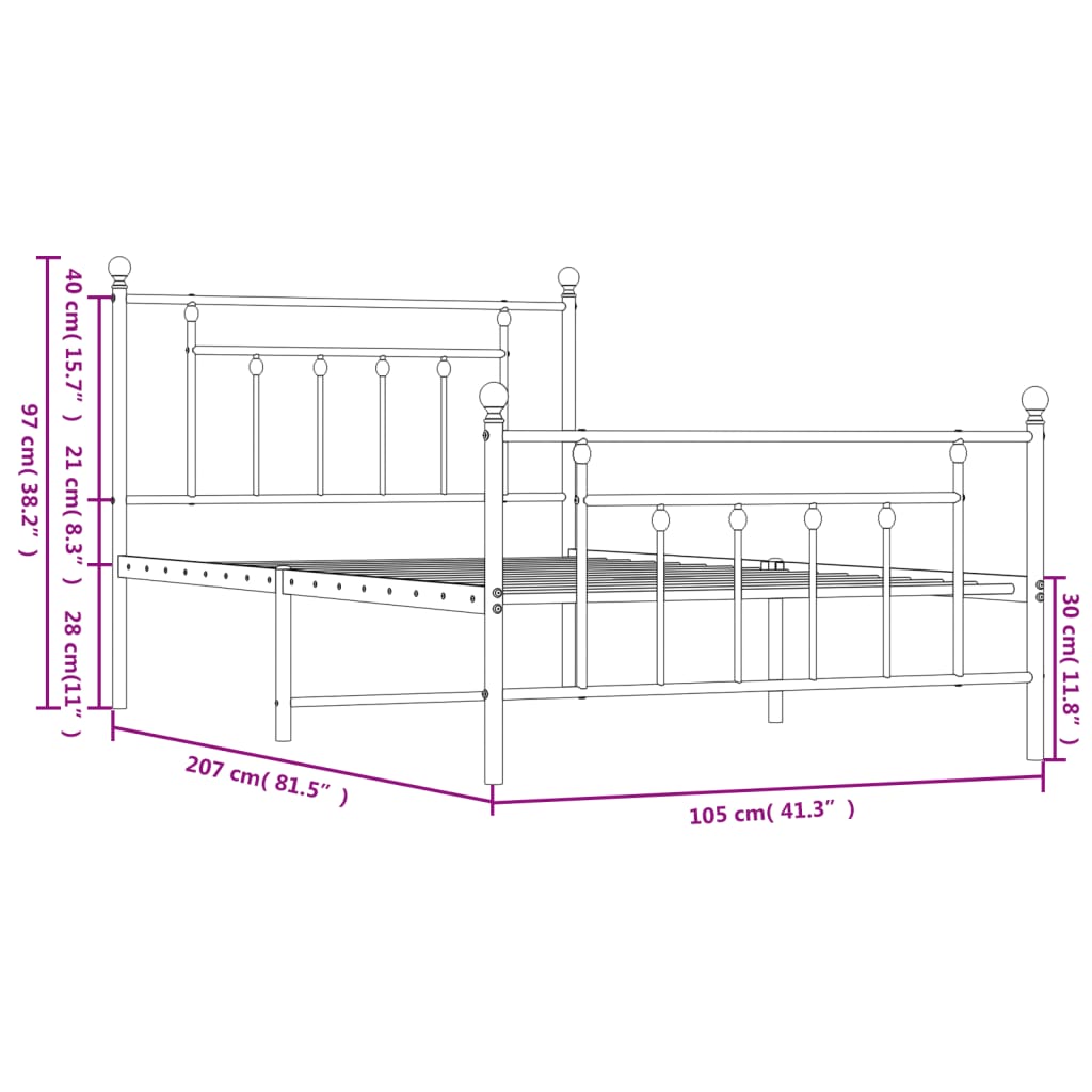 Sengeramme i metall med hode- og fotgavl hvit 100x200 cm