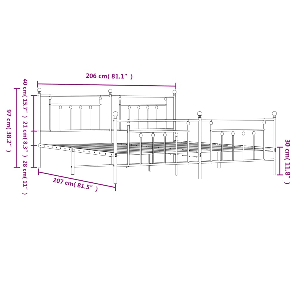 Sengeramme i metall med hode- og fotgavl hvit 200x200 cm