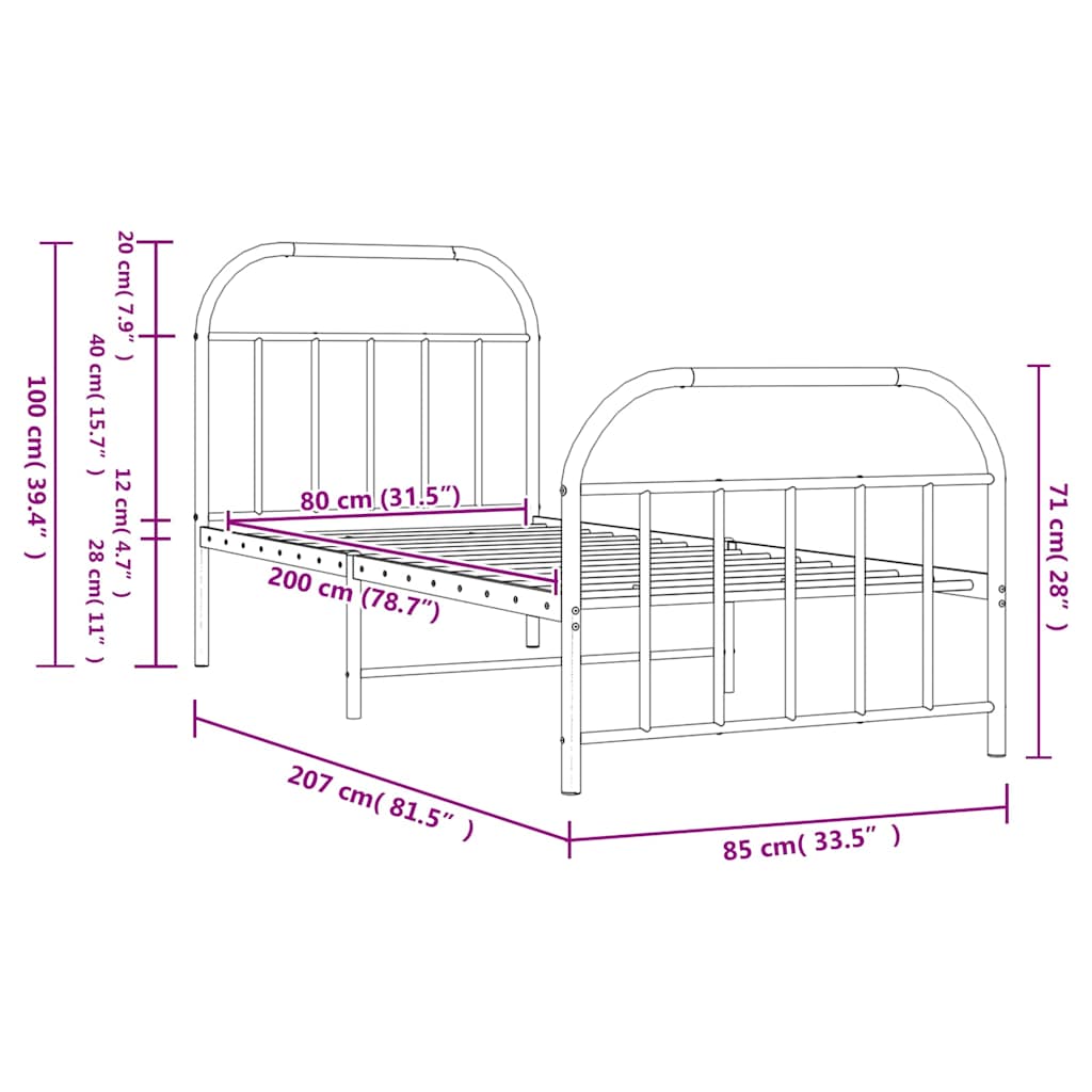 Sengeramme i metall med hode- og fotgavl svart 80x200 cm
