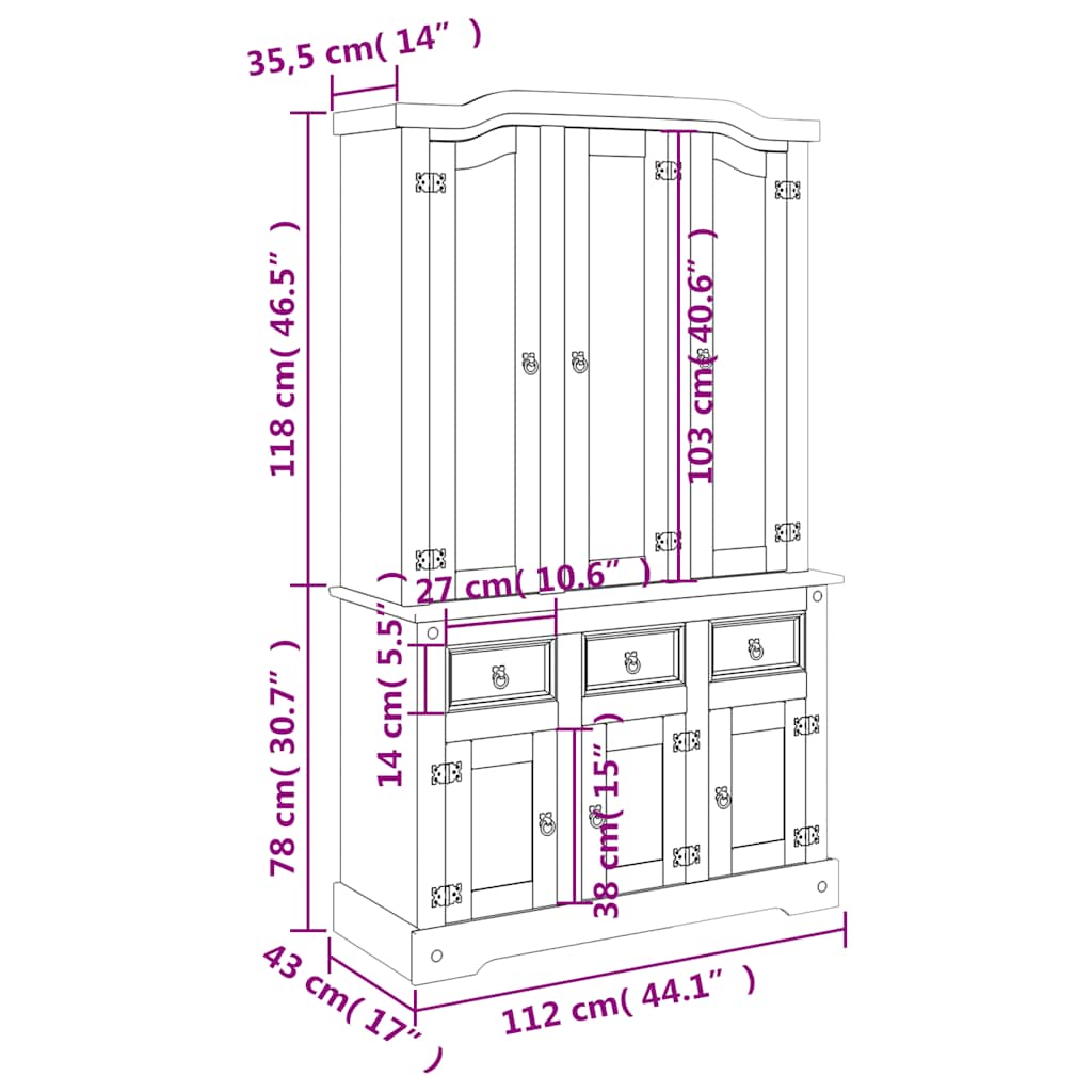 Highboard Corona brun 112x43x196 cm heltre meksikansk furu