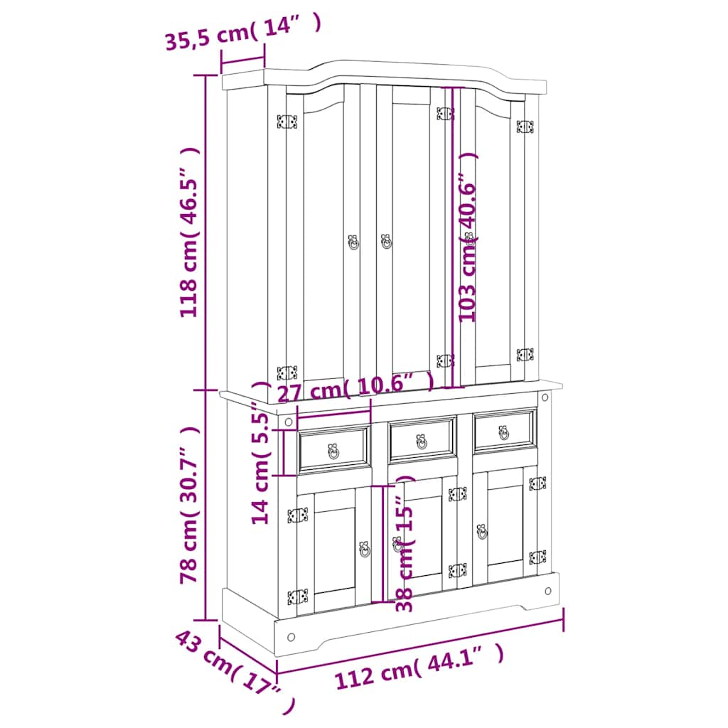 Highboard Corona hvit 112x43x196 cm heltre meksikansk furu