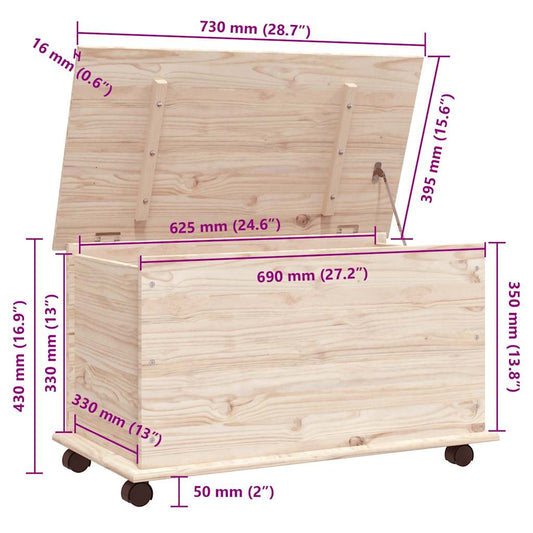 Oppbevaringskiste med hjul ALTA 73x39,5x43 cm heltre furu