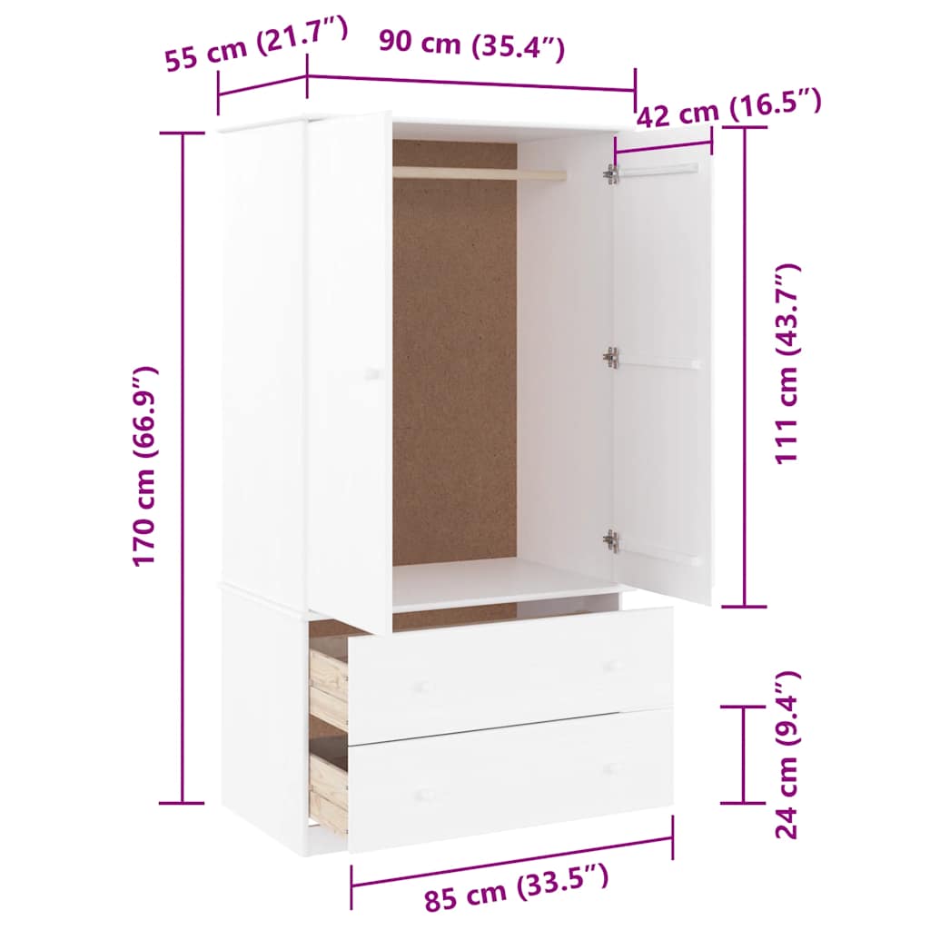 Garderobe ALTA hvit 90x55x170 cm heltre furu
