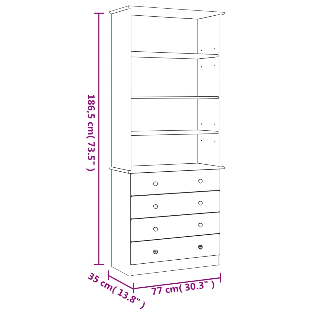 Bokhylle med skuffer ALTA hvit 77x35x186,5 cm heltre furu