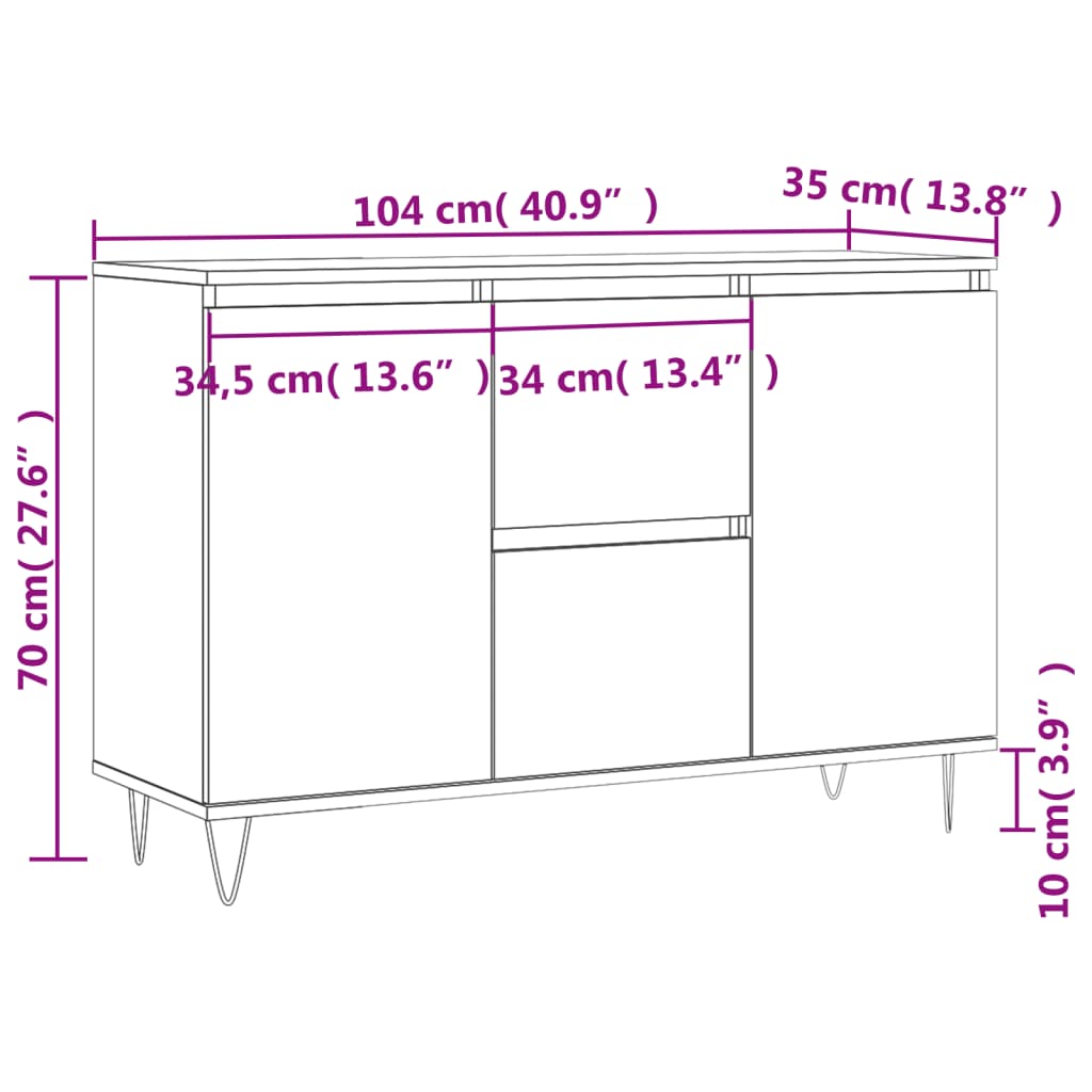 Skjenk hvit 101,5x35x70 cm konstruert tre
