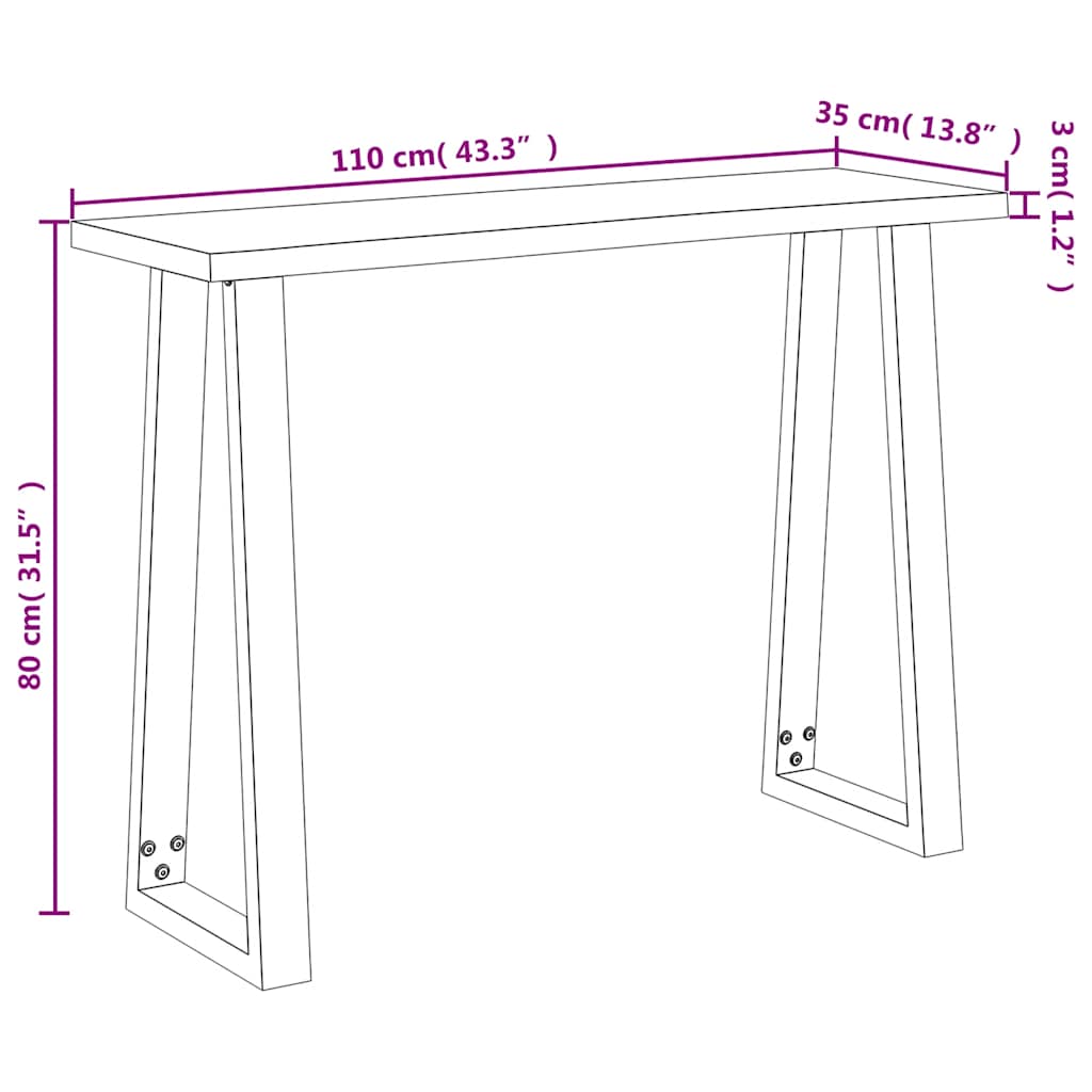 Konsollbord med naturlig kant 110x35x80 cm heltre akasie